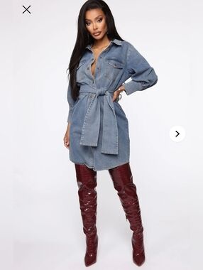 Fashion Nova Denim Shirt Midi Dress in Light Blue